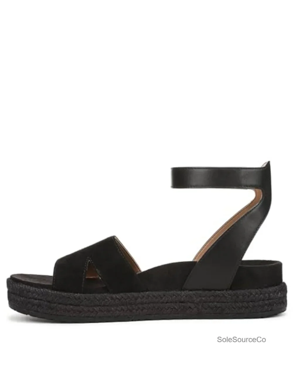 Vionic Yucca Espadrille Wedge Sandals Black Suede Ankle Strap Platform 1.75
